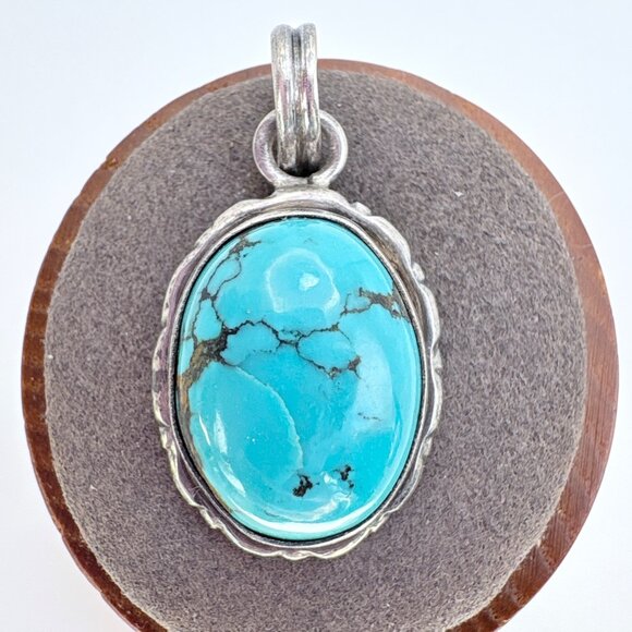 VTG Sterling Silver 925 Turquoise Bezel Set Cabochon Pendant Size 1.5" Length - Picture 1 of 9